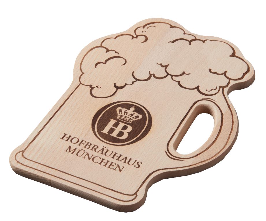 Geschenkpaket Biergarten Holzbrett in Maßkrugform mit Hofbräuhaus München Logo