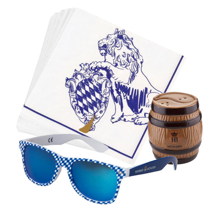 Geschenkpaket Biergarten Kollektion mit Hofbräuhaus-München Artikeln: weiße Servietten mit bayerischem Löwenmotiv, blau-weiße Sonnenbrille im Rautenmuster mit HB-Logo und Salz- & Pfefferstreuer im Holzfass-Design mit HB-Emblem