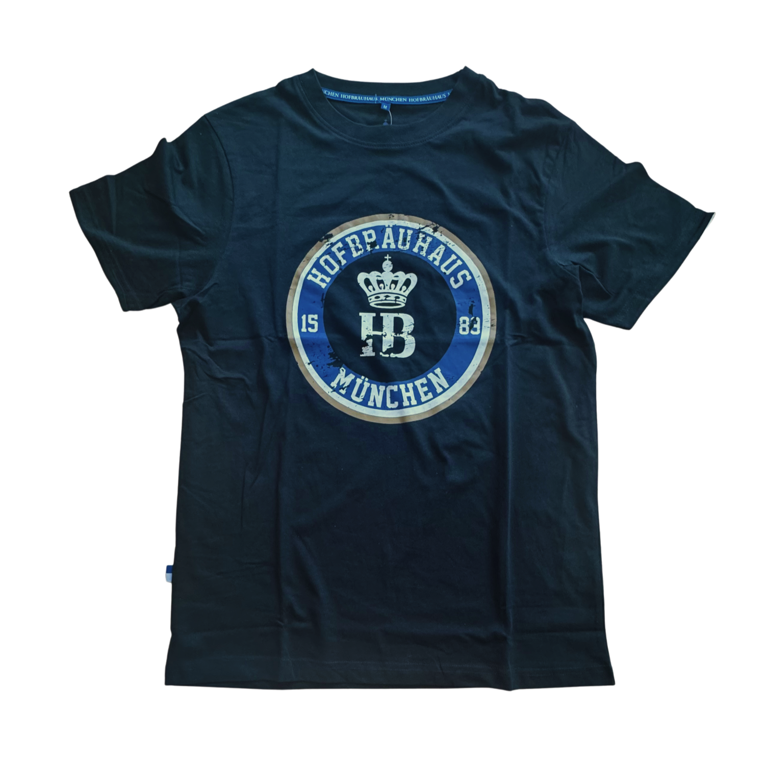 Herren T-Shirt in Schwarz mit großem Hofbräuhaus München Vintage-Logo in Blau und Weiß auf der Vorderseite, klassischer Rundhalsausschnitt, legerer Schnitt