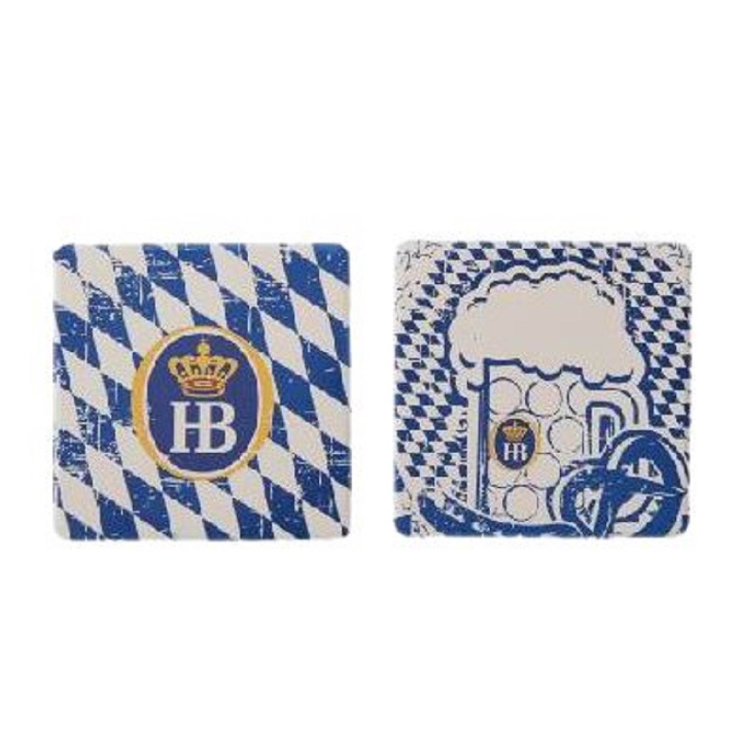 Munich Original gift package Zwei quadratische HB-Keramikuntersetzer im bayerischen Rautenmuster und Bierkrug-Design, verpackt in Geschenkbox 'Münchner Original