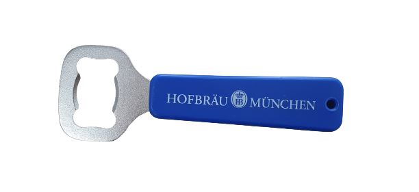 Klassischer Flaschenöffner mit blauem Griff, HB-Logo-Schriftzug