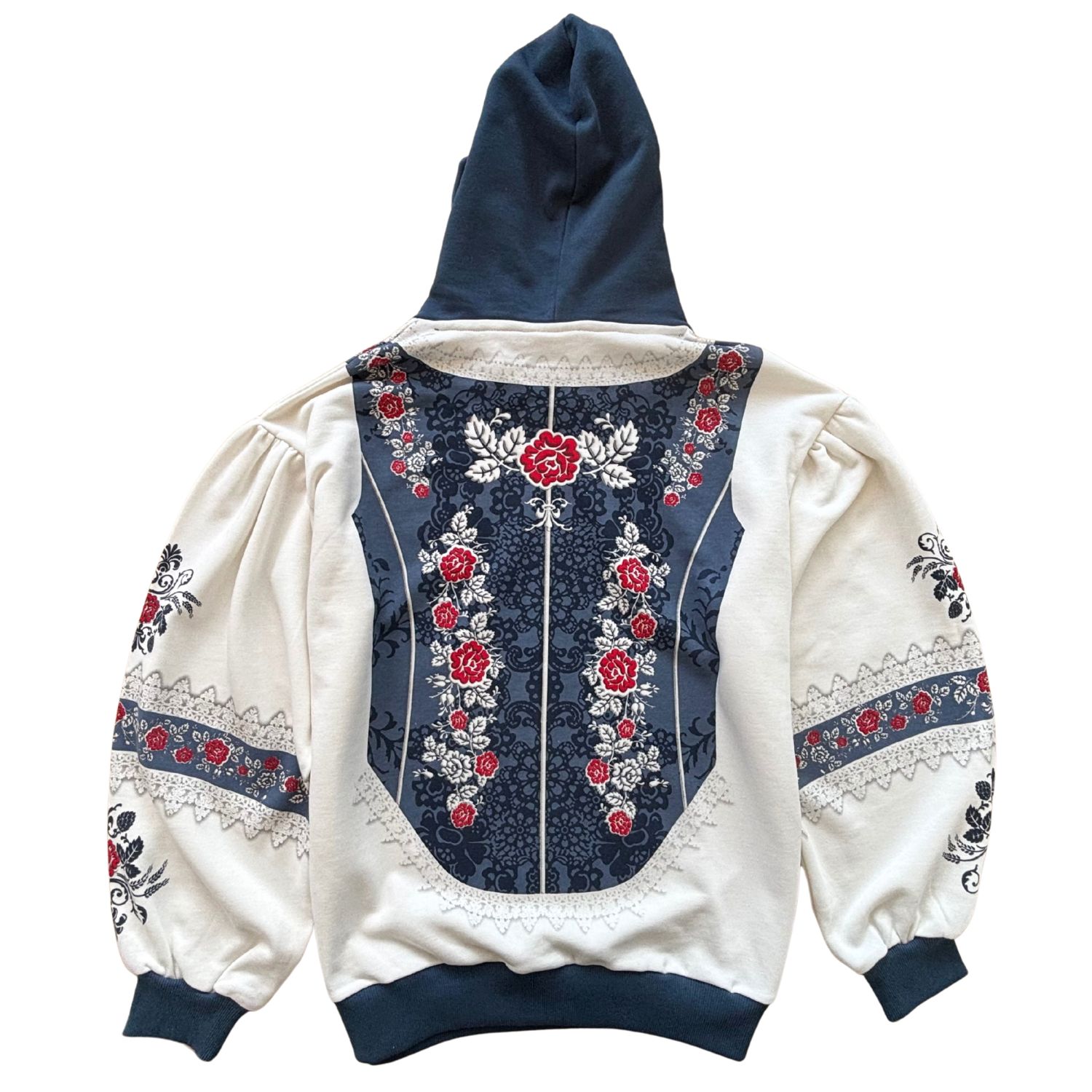 Hoodie Oversized in Dirndloptik  mit blauer Kapuze Rückseite