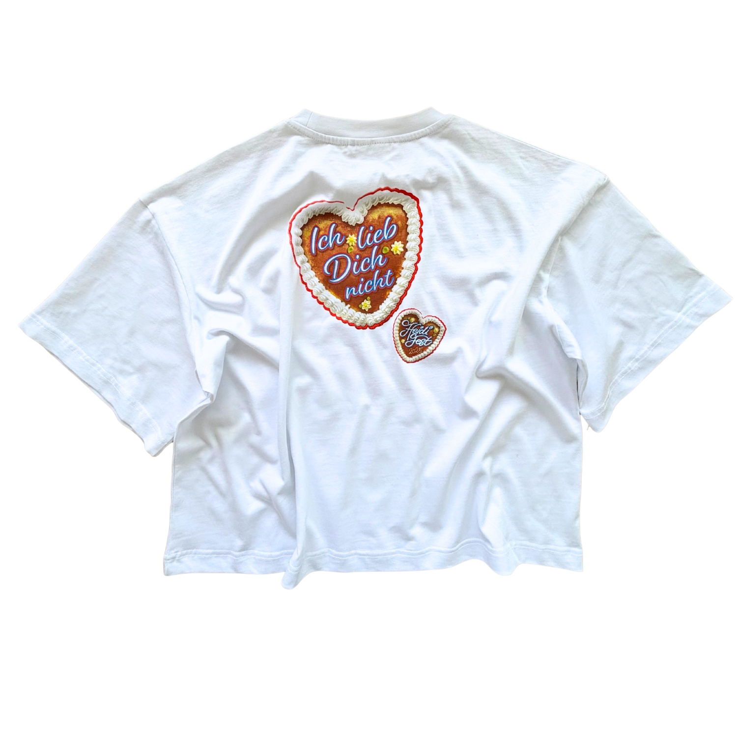 Rückseite Weißes Rundhals-T-Shirt 3/4 Länge, mit Lebkuchenherz Heidifest "Ich liebe Dich" auf Rücken
