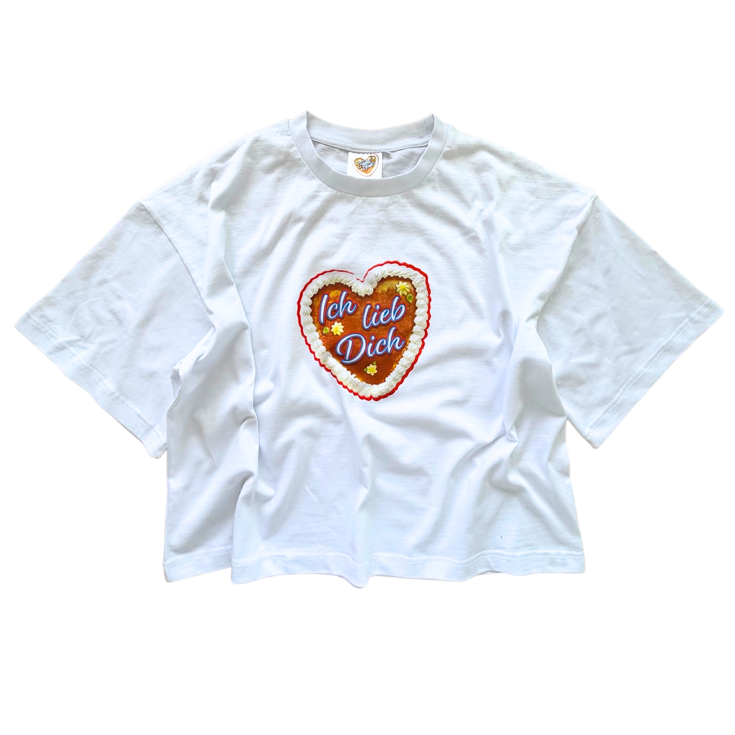 Vorderseite Weißes Rundhals-T-Shirt 3/4 Länge, mit Lebkuchenherz Heidifest "Ich liebe Dich" auf Brust