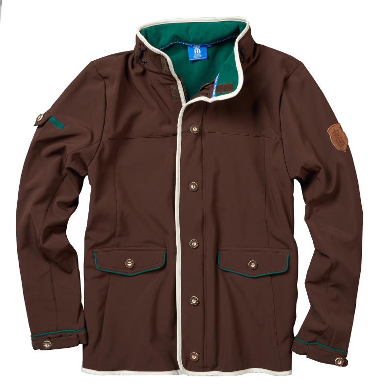 Braune Herrenjacke mit Knopfleiste, weißen Kontrastnähten und grüner Innenfütterung, Hofbräuhaus-Logo am Ärmel.