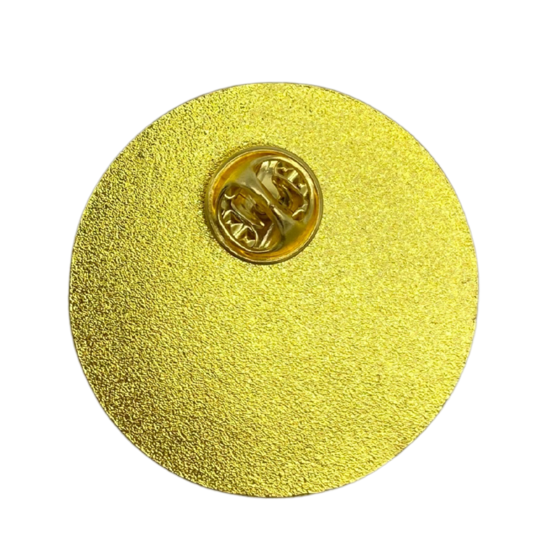 Rückseite des runden goldfarbenen Glücksrad-Pins mit Butterfly-Verschluss