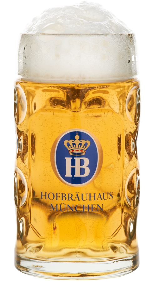 Geschenkpaket Biergarten Gefüllter Bierkrug Hofbräu München mit Schaumkrone und HB-Logo auf der Vorderseite.