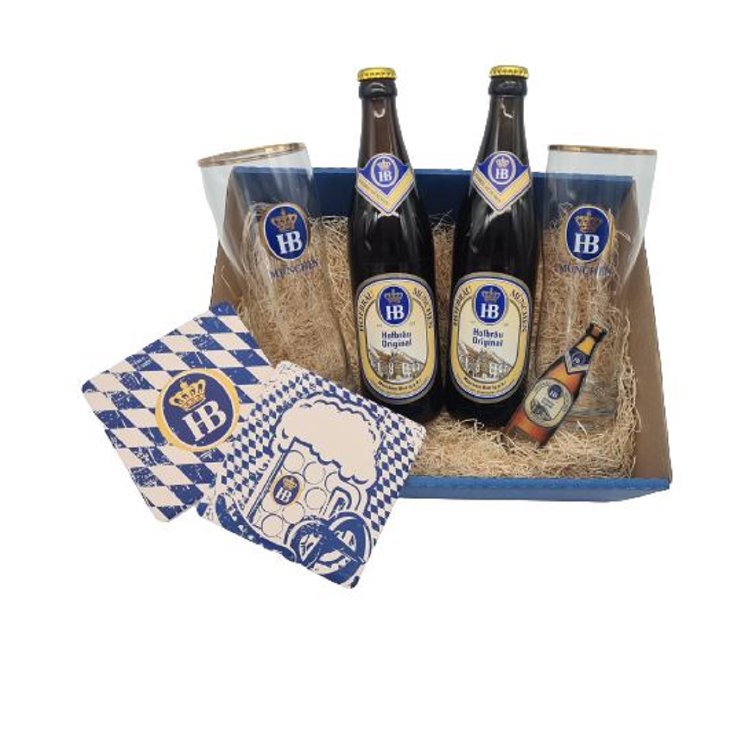 Munich Original gift package Geschenkbox 'Münchner Original' mit zwei HB-Bierflaschen, zwei Gläsern, Keramikuntersetzern im Rautenmuster und einer Miniaturflasche