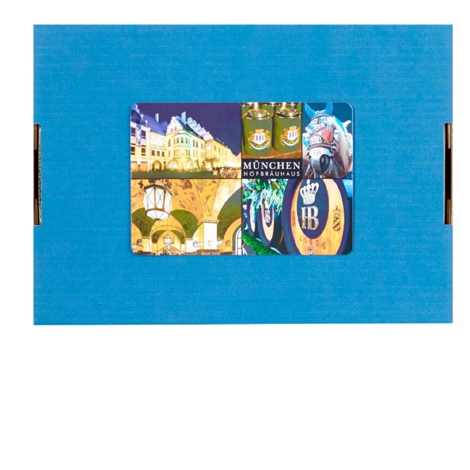 Munich Original gift package Blaue Geschenkbox mit Sichtfenster, das einen HB-Münchenbecher (0,3 Liter) mit Hofbräuhaus-Motiven zeigt