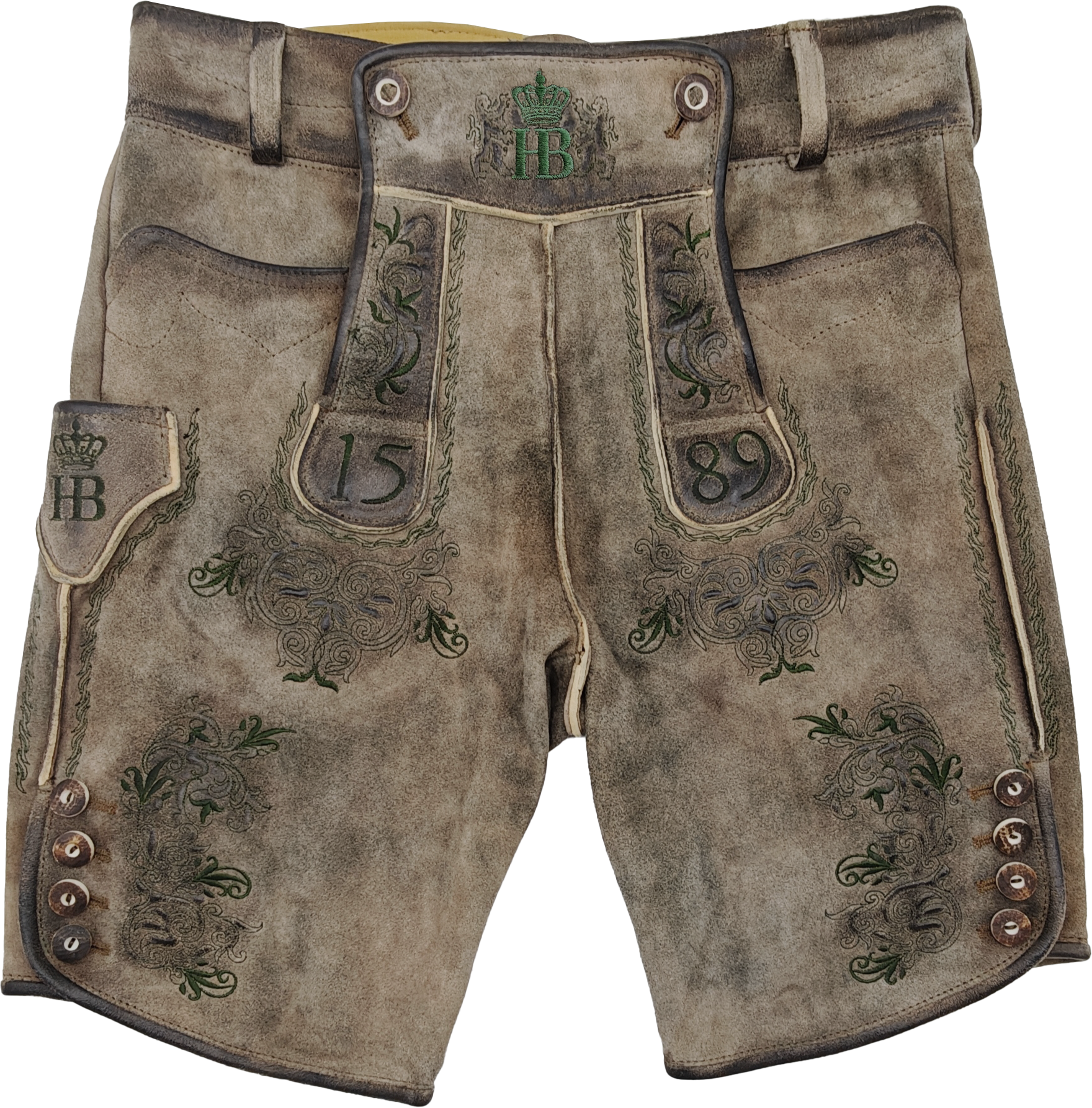 „Traditionelle braune Lederhose aus Leder mit Stickereien und Knöpfen, getragenes Aussehen, typisch für bayerische Trachtenmode.“
