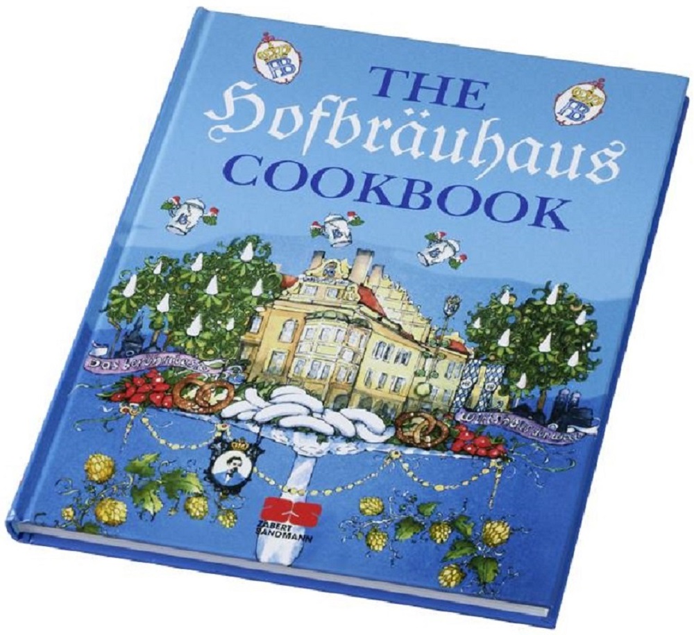 Englischsprachiges Hofbräuhaus Kochbuch mit blauem Einband und illustriertem Titelmotiv.