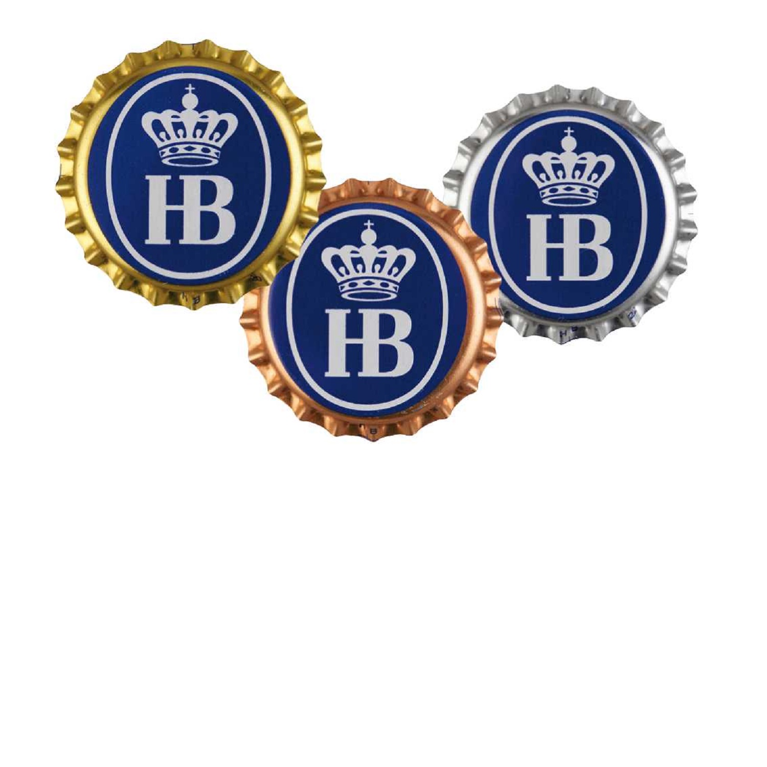 Pin "Crown Caps" Gold Pins in Form eines HB-Kronkorken, in Gold, Silber, Bronze ; mit weißem HB-Logo mit Krone auf blauem Grund