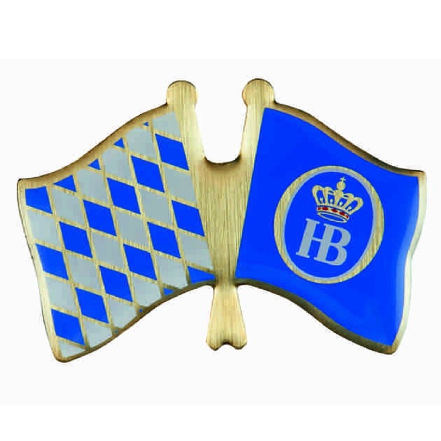 Pin in Form zweier gekreuzter Flaggen: links die bayerische Rautenflagge in Blau-Silber, rechts die blaue HB-Flagge mit Krone