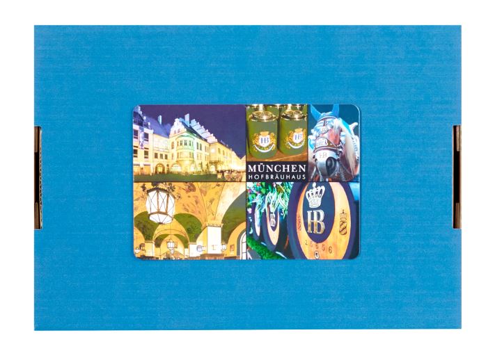 Geschenkpaket Biergarten HB Boxdeckel in Blau mit Postkartenartiges Bild vom Hofbräuhaus