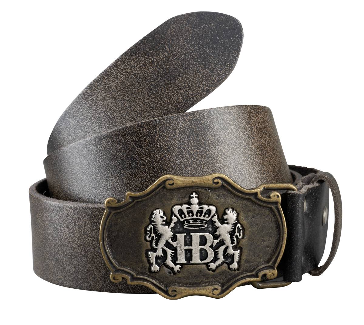 Brauner Ledergürtel im Vintage-Look mit aufwendig gestalteter, metallener Gürtelschnalle. Die Schnalle zeigt das Hofbräuhaus-Logo mit Krone und zwei Löwen.