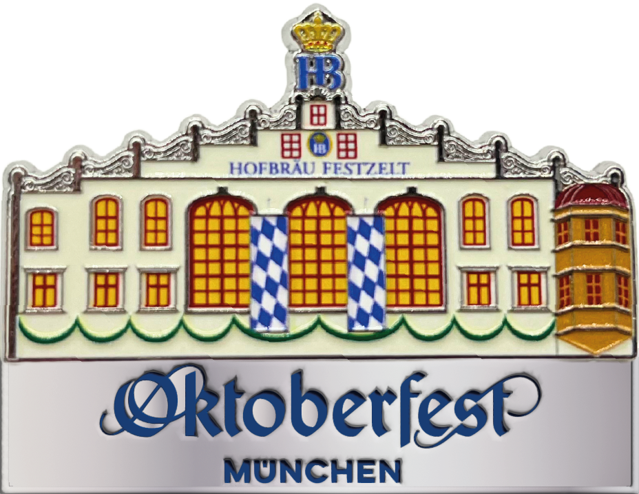 „Magnet mit Illustration eines Festzelts im bayerischen Stil, blau-weiß kariertes Eingangsdesign, darunter Schriftzug ‚Oktoberfest München‘.“