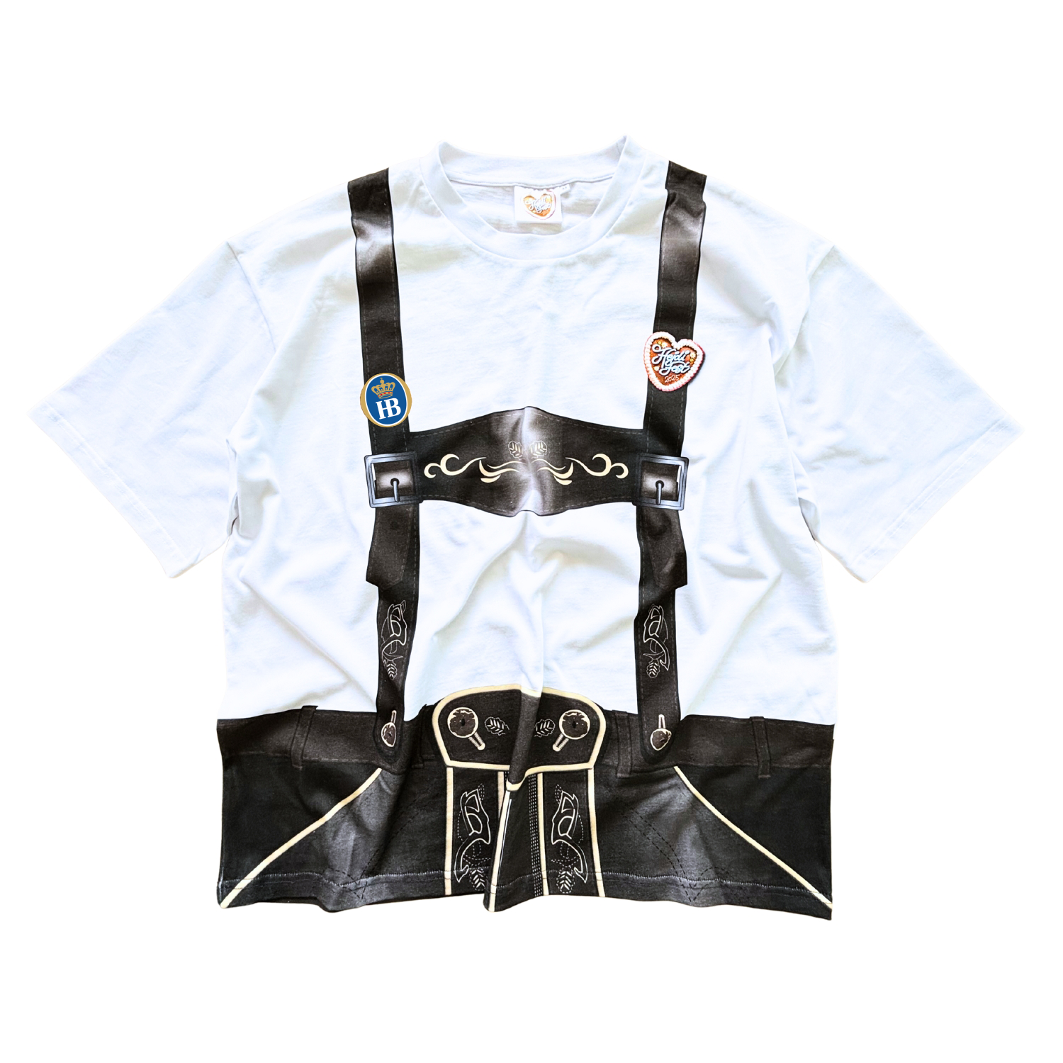 Vorderseite weißes Rundhals-T-Shirt mit Lederhosenoptik 