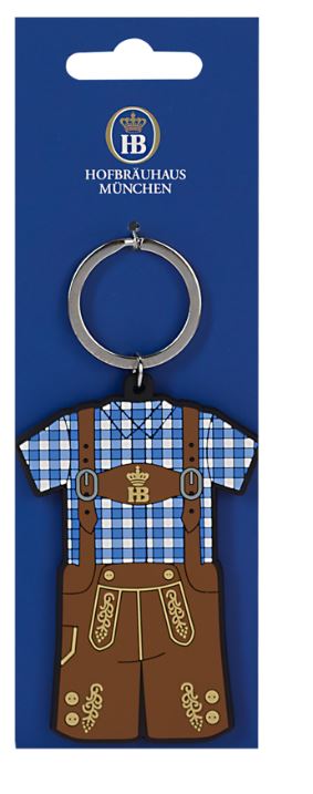 Schlüsselanhänger Lederhose Schlüsselanhänger in Form einer bayerischen Lederhose mit blau-weiß kariertem Hemd und HB-Logo.