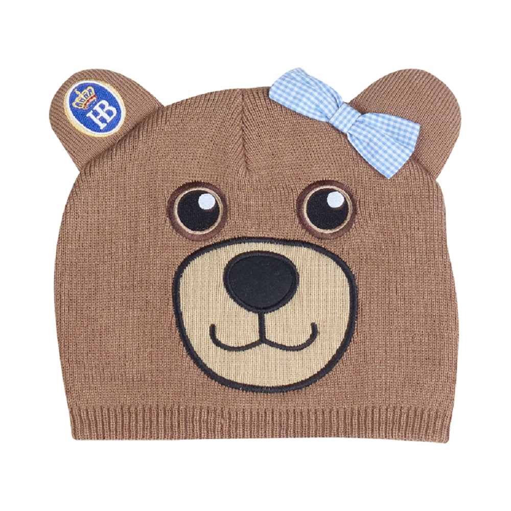 HB Strickmütze Franl in Bären Look und am linken Ohr das HB logo mit Krone. Am rechten Ohr ein Hellblau karierte Schleife 
