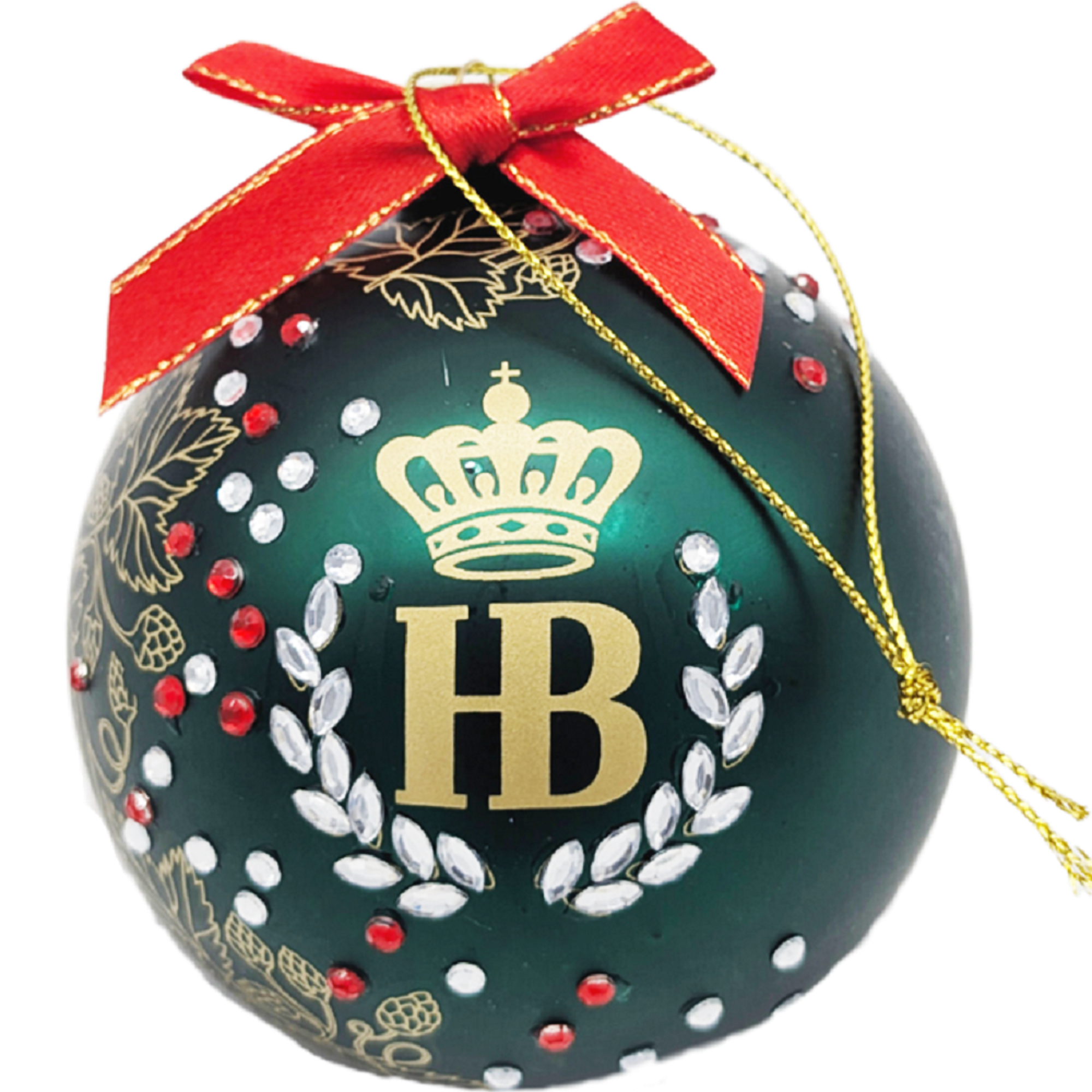 Dunkelgrüne Weihnachtsbaumkugel mit rotem Band, verziert mit goldener Krone, „HB“-Schriftzug, Lorbeerkranz und funkelnden Strasssteinen in Weiß und Rot.