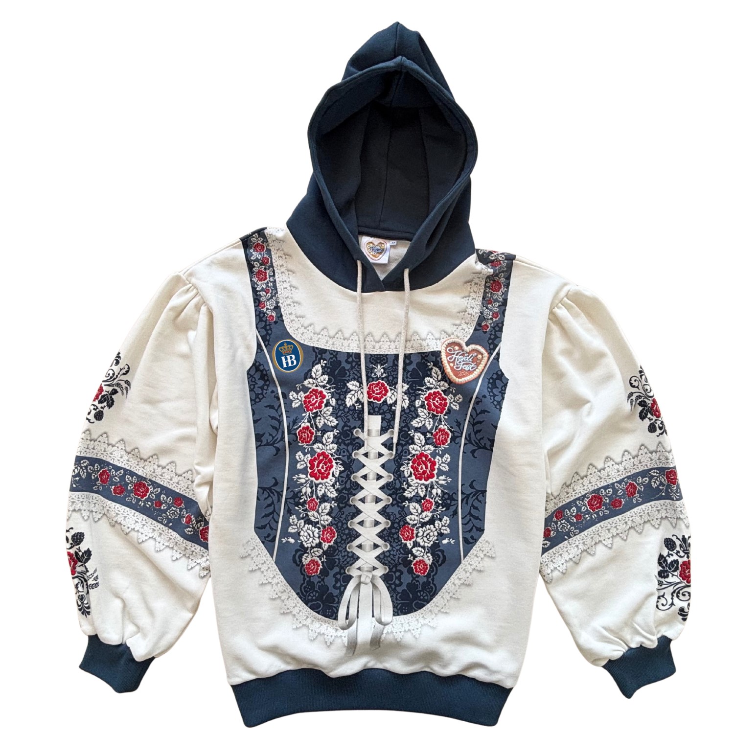 Hoodie Oversized in Dirndloptik  mit blauer Kapuze Vorderseiteseite