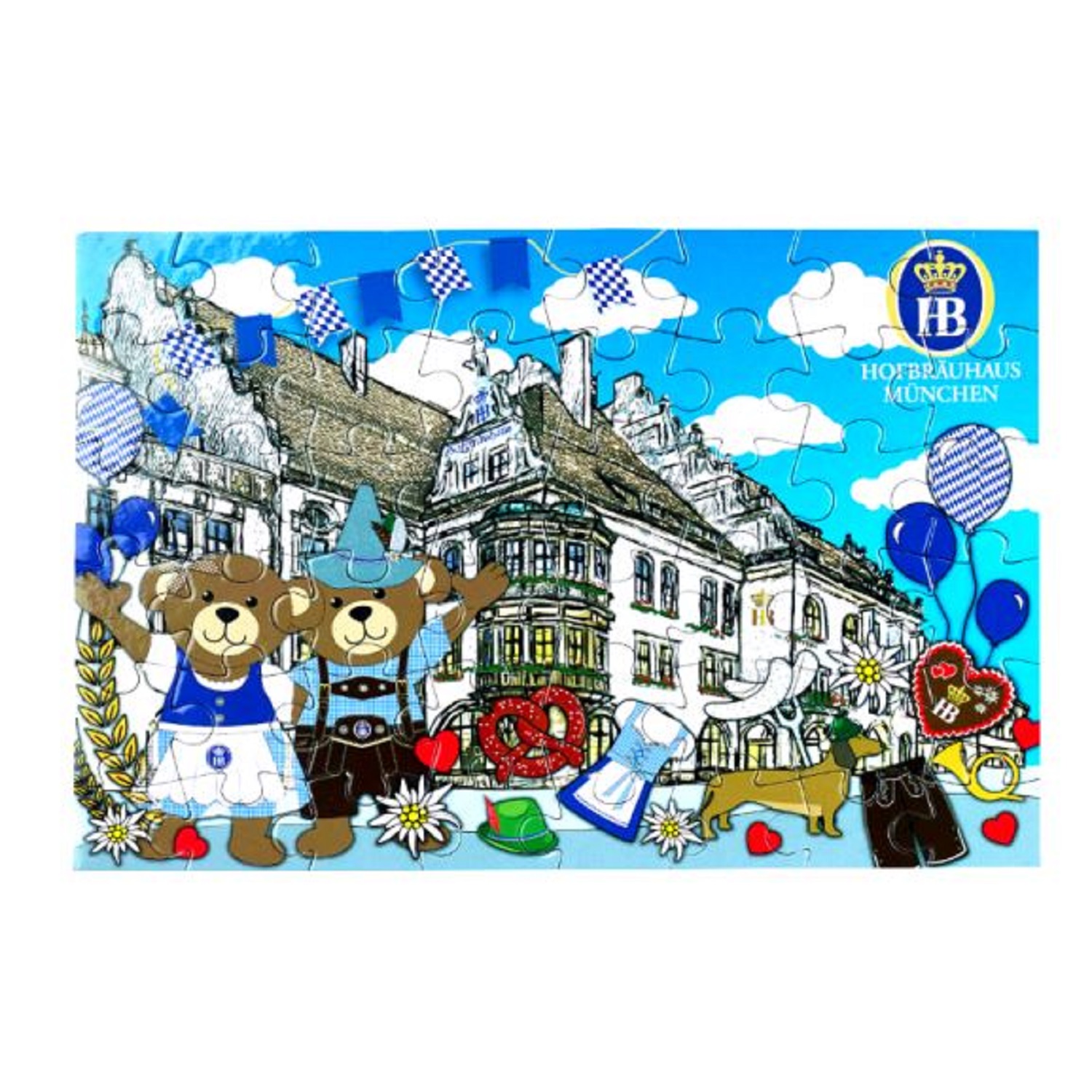 Gift box "Franzl" Buntes HB-Kinderpuzzle mit Hofbräuhaus München, zwei Bären in Tracht, Luftballons, Brezn, Bierkrug und bayerischen Symbolen