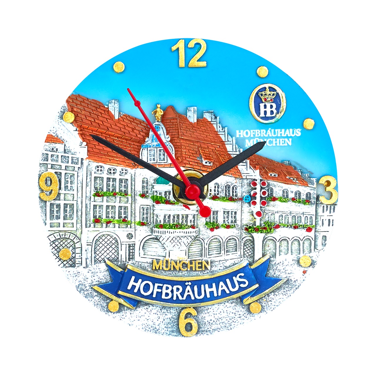 Runde Wanduhr mit Hofbräuhaus am Platzl Motiv und Hofbräuhaus München Logo