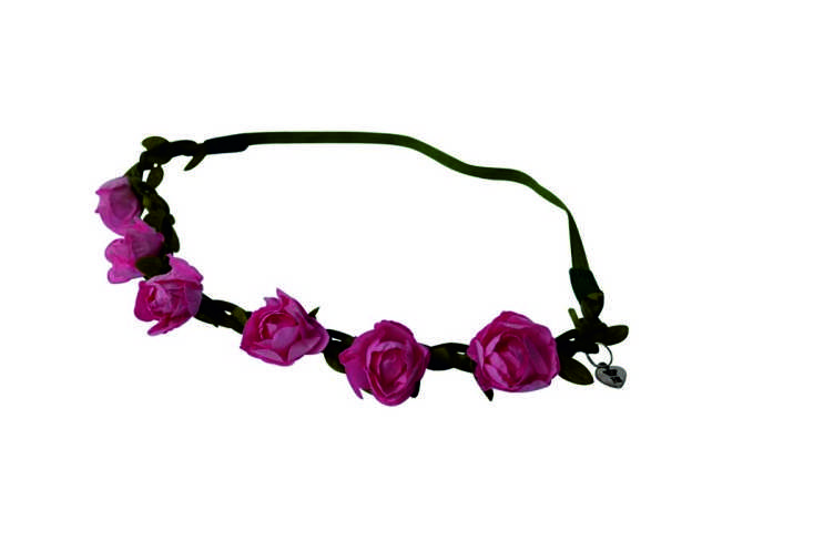 Blumen-Haarband mit pinken Rosenblüten und Band, kleines Hofbräuhaus-Anhängerherz an der Seite.
